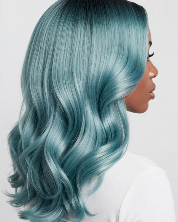 woman with long blue wavy hair